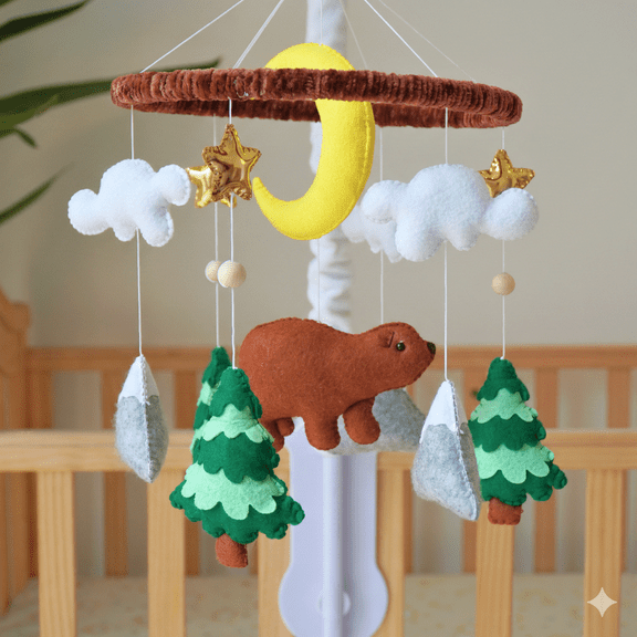 Tinitigies Handmade Woodland Bear Baby Crib Mobile - Brown Bear, Pine Trees and Mountains Felt Decor - Nature Inspired Nursery (Mobile Only, Arm Not Included)