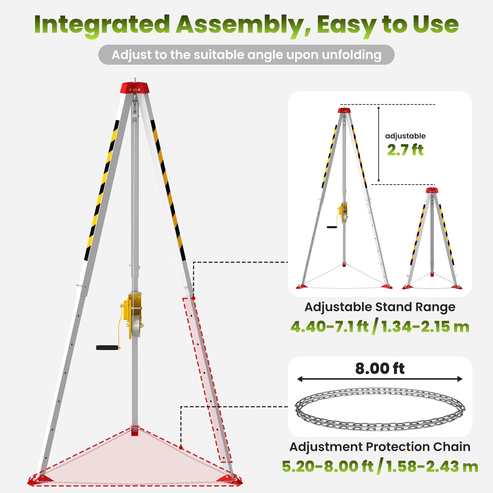 Confined Space Tripod, Confined Space Rescue Tripod, Confined Space Tripod Kit, 1800 lbs, Adjustment Protection Chain, Easy to Use and Full-body Security Harness for Manhole/Well Access