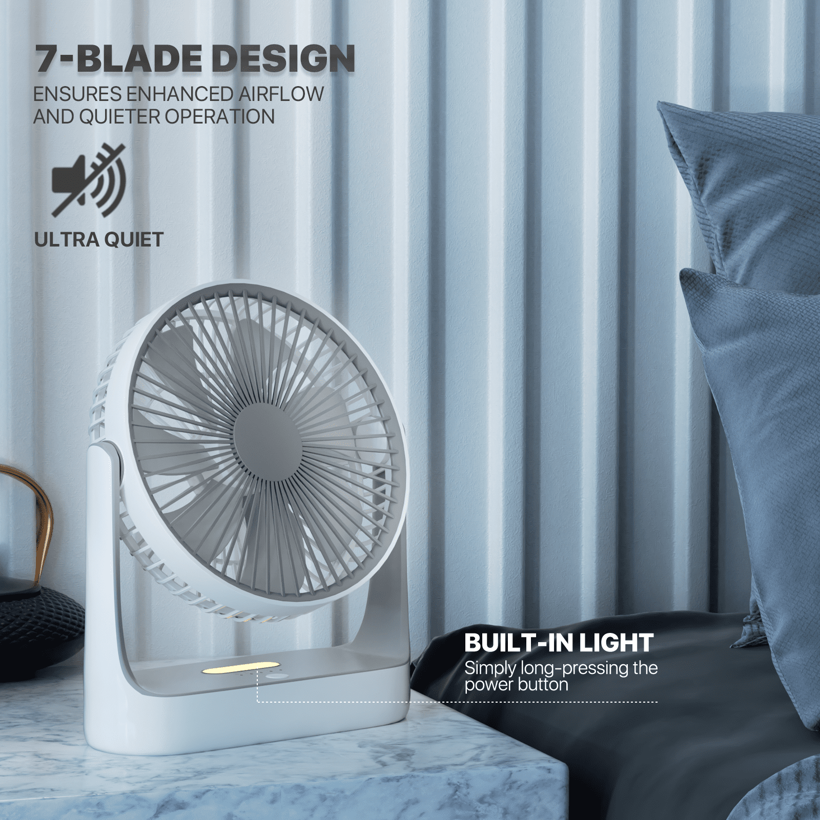 mollie USB Rechargeable Desktop Fan, Wall Mounted Hanging Fan with LED Light and Hook, Speed Adjustable Air Cooler Fan For Home Bedroom, White