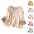 thumbnail image 1 of T-shirts en Coton et Lin pour Femmes Mode Été 2026 Manches Courtes Col en V Broderie Rétro, 1 of 3