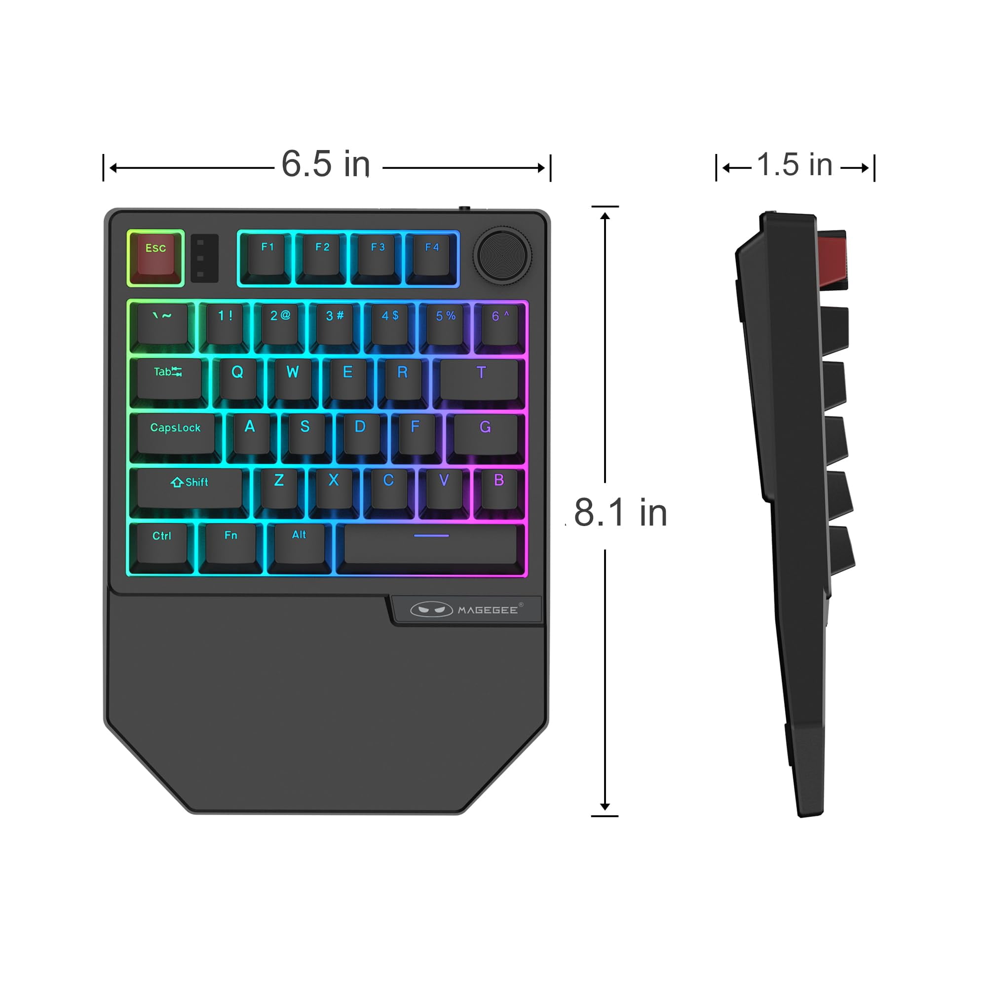 MageGee Wireless One Handed Gaming Keyboard, Tri-Mode BT/ 2.4Ghz RGB Backlit 34 Keys Mini Keyboard for Gamer, Red Switch, Wrist Rest Support(Black)