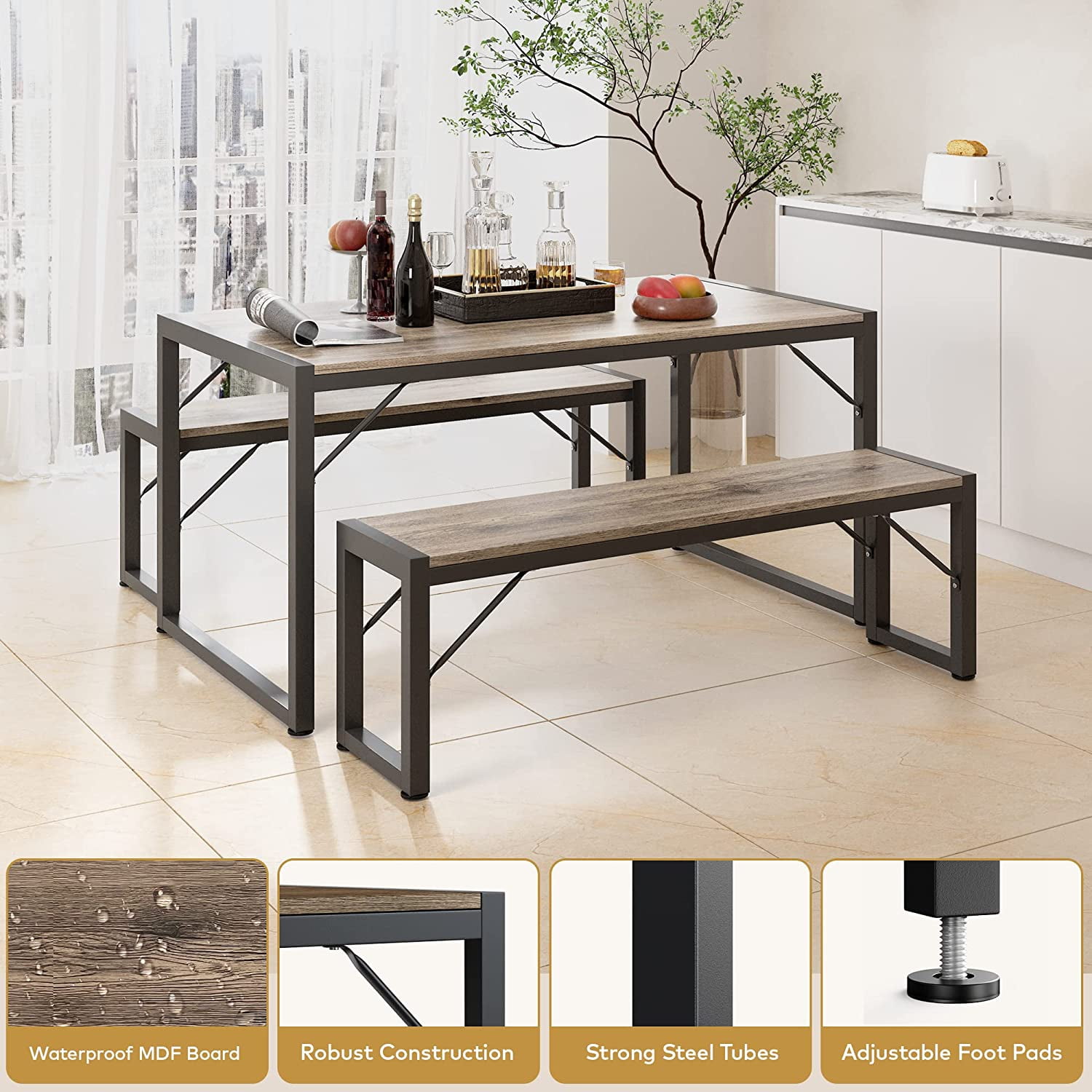 Lofka 3-Piece Breakfast Nook Dining Table Set for 4 with Two Benches for 4 for Kitchen Gray Board