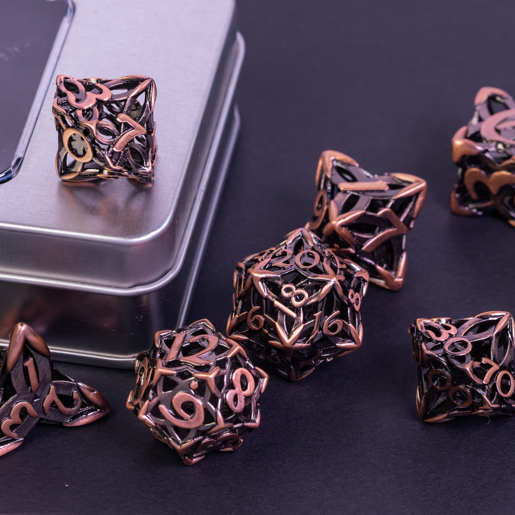 Cusdie Hollow Metal Dice, Celtic Knot D&D Dice, 7 Pcs Metal Dice Set, Polyhedral Dice Set, for Role Playing Game MTG Pathfinder