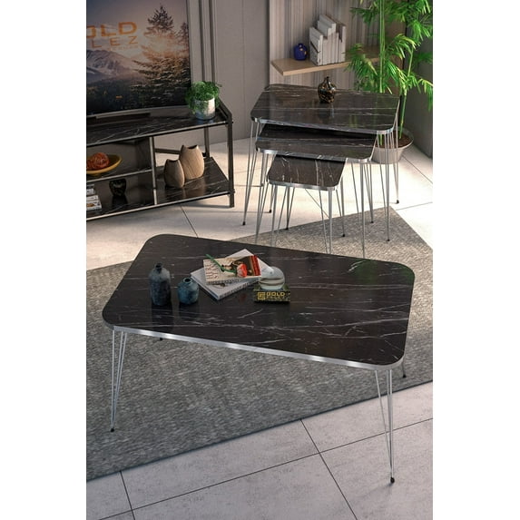 Black Marble Coffee Table Set with 4 PCS,Rectangular Set With 3 Modern Nesting Tables And Coffee Table with Metal Legs,Stacking Side Tables With Silver Side Details, Set of 4 Accent Table End Table