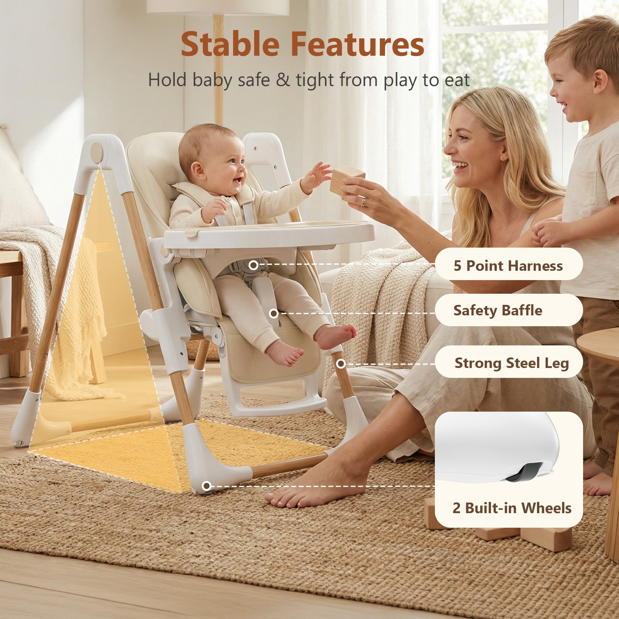LINLUX Foldable High Chair for Babies, Toddler Eating Chair with Detachable Double Trays, Beige