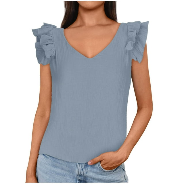 Timegard Débardeurs pour Femmes à Volants Manches Courtes Col en V Confortable T-Shirt d'Été Habillé Décontracté Ample Blouse