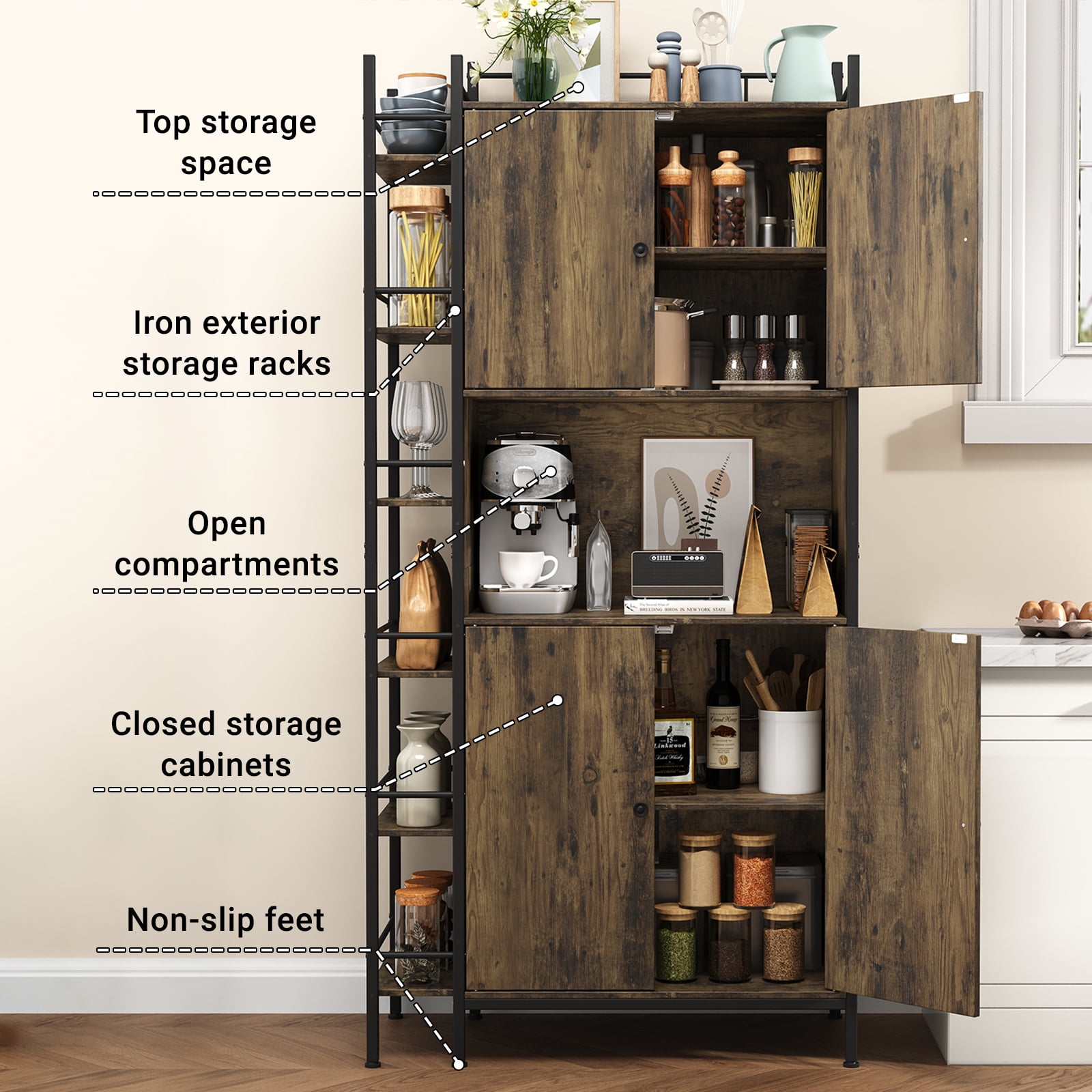 IDEALSOUL Pantry Storage Cabinets, 70.8" Kitchen Pantry Cabinet with Side Shelf, 2 Doors and 3 Shelves, Brown
