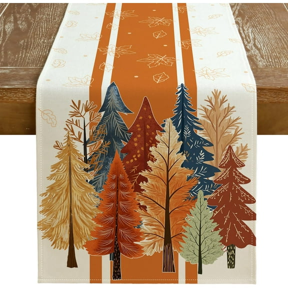 GEEORY Fall Watercolor Trees & Maple Leaves Striped Table Runner 13x72 Inch, Rustic Farmhouse Autumn Thanksgiving Decor for Kitchen, Dining, Indoor/Outdoor Holiday Dinner Party Orange GT157-72