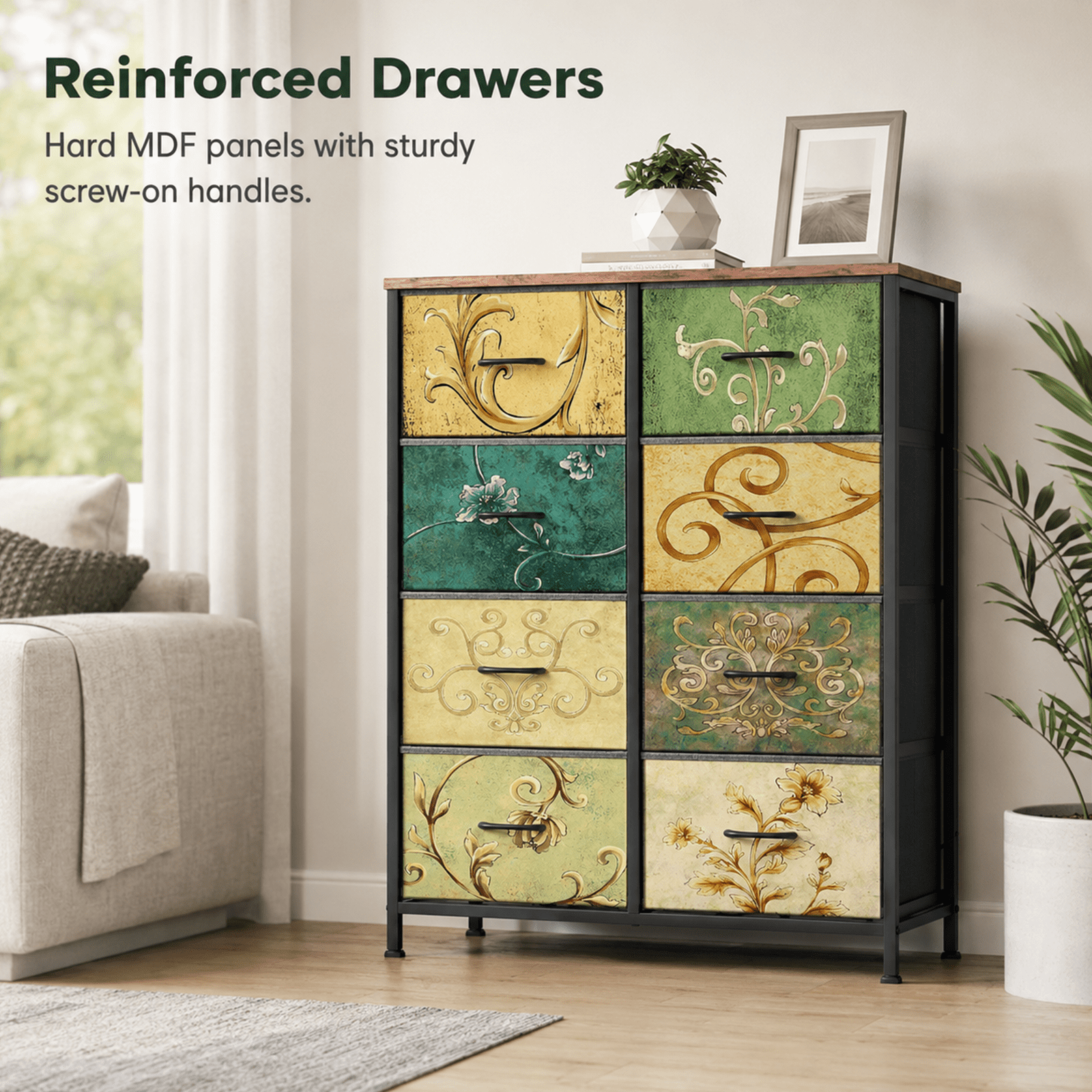 Alvantor 4/5/7/8/9-Drawer Dresser, Fabric Storage Tower for Bedroom, Hallway, Entryway, Closet, Tall Chest Organizer Unit with Fabric Bins, Steel Frame, Wood Top, Easy Pull Handle, Floral Painted