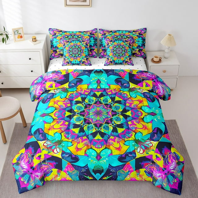 YST Ensemble de Douillette Vintage Floral Mandala 7 Pcs, Simple, Bohème Sarcelle Rose, Esthétique Rétro
