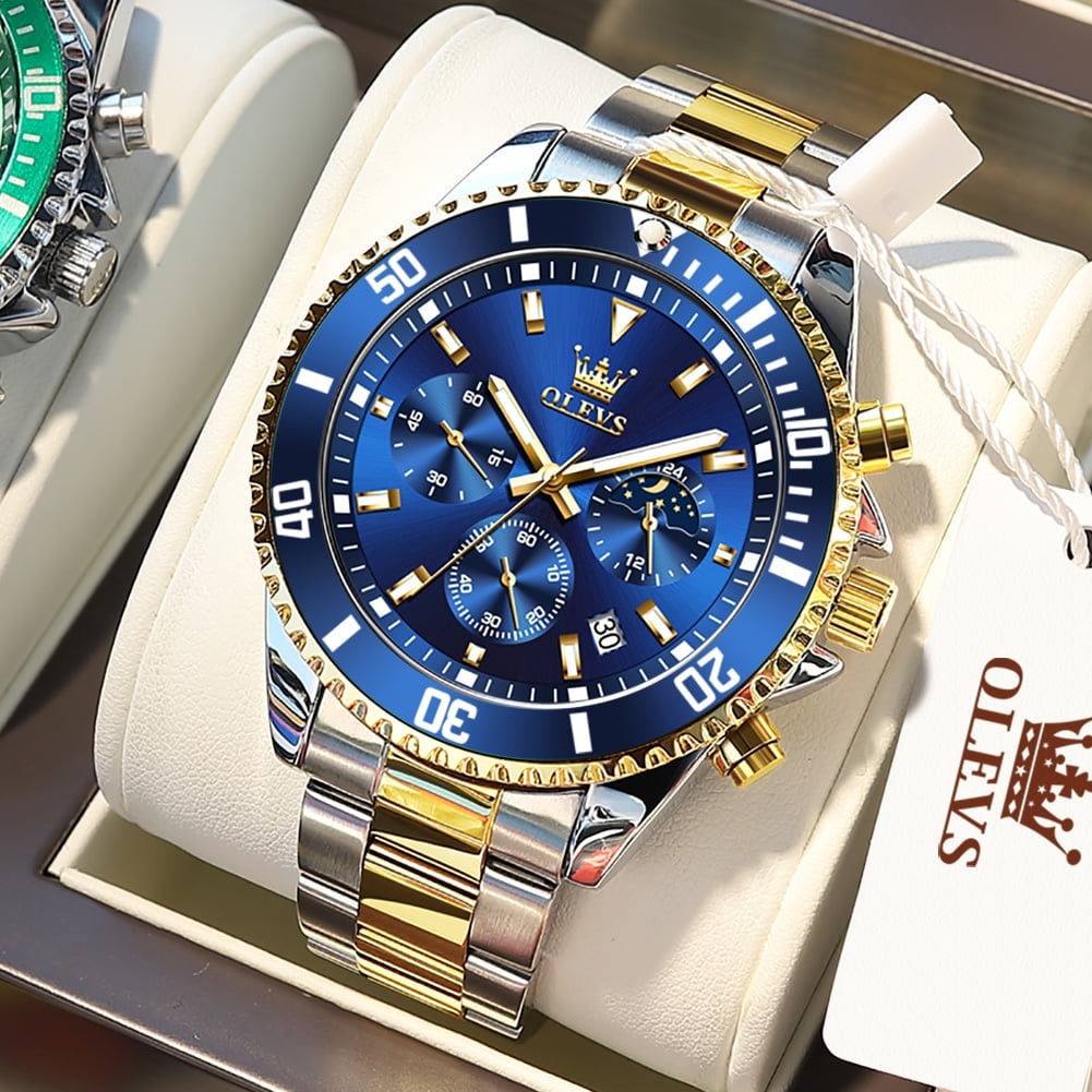 OLEVS Watches for Men Luxury Analog Quartz Chronograph Business Dress Gold Plated Stainless Steel Moon Phase Waterproof Luminous Date Casual Mens Wrist Watches Reloj Para Hombre