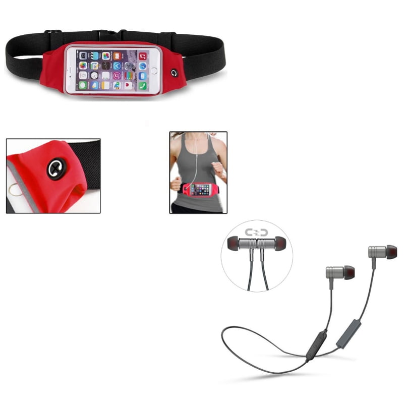 Earphones Sports Wireless Headset w Sports Belt Band Running Waist Bag W6D for Alcatel Streak, Dawn, Elevate, Idol Mini, Pop Astro, PIXI CHARM - iPhone 8 7 6S 6 - ASUS PadFone X mini