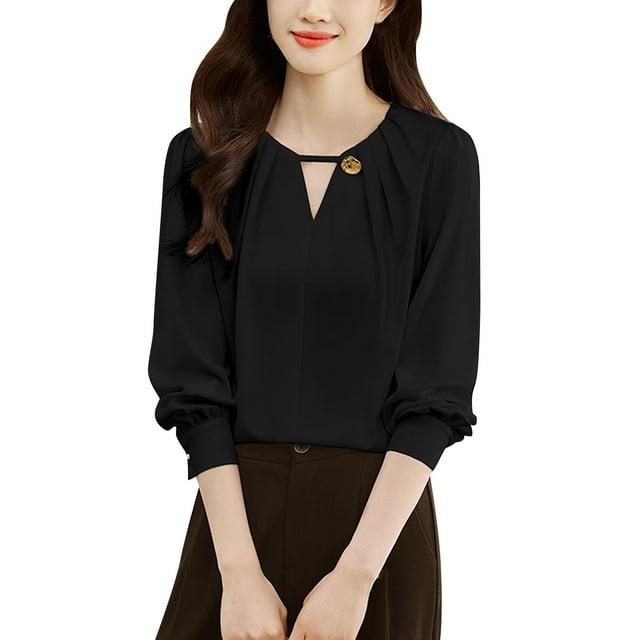aidice Tops for Women Casual Notched V Neck Long Sleeve Keyhole Solid Color Office Blouse Workwear
