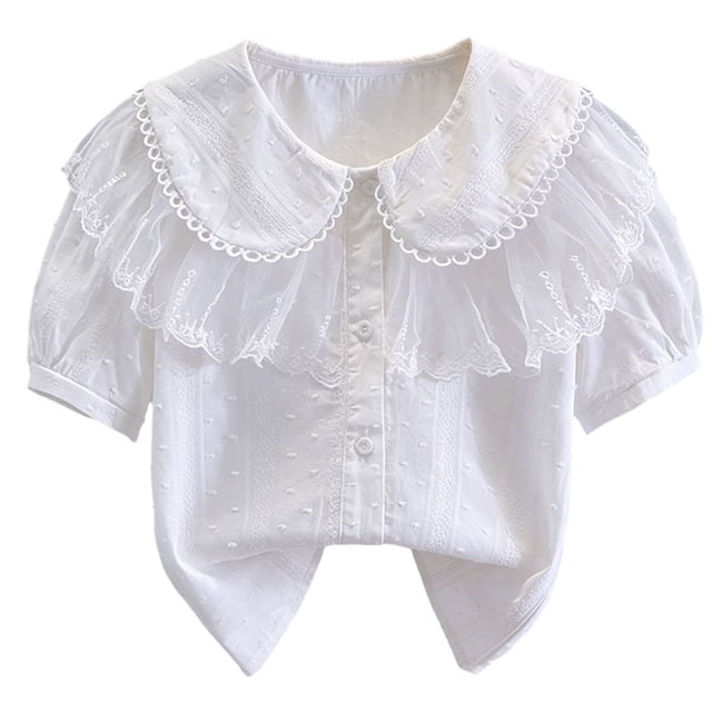 Odeerbi Camisa de Vestido de Algodón de Las Niñas Flor Bordado de Manga Corta Uniforme de La Escuela Con Bolsillo