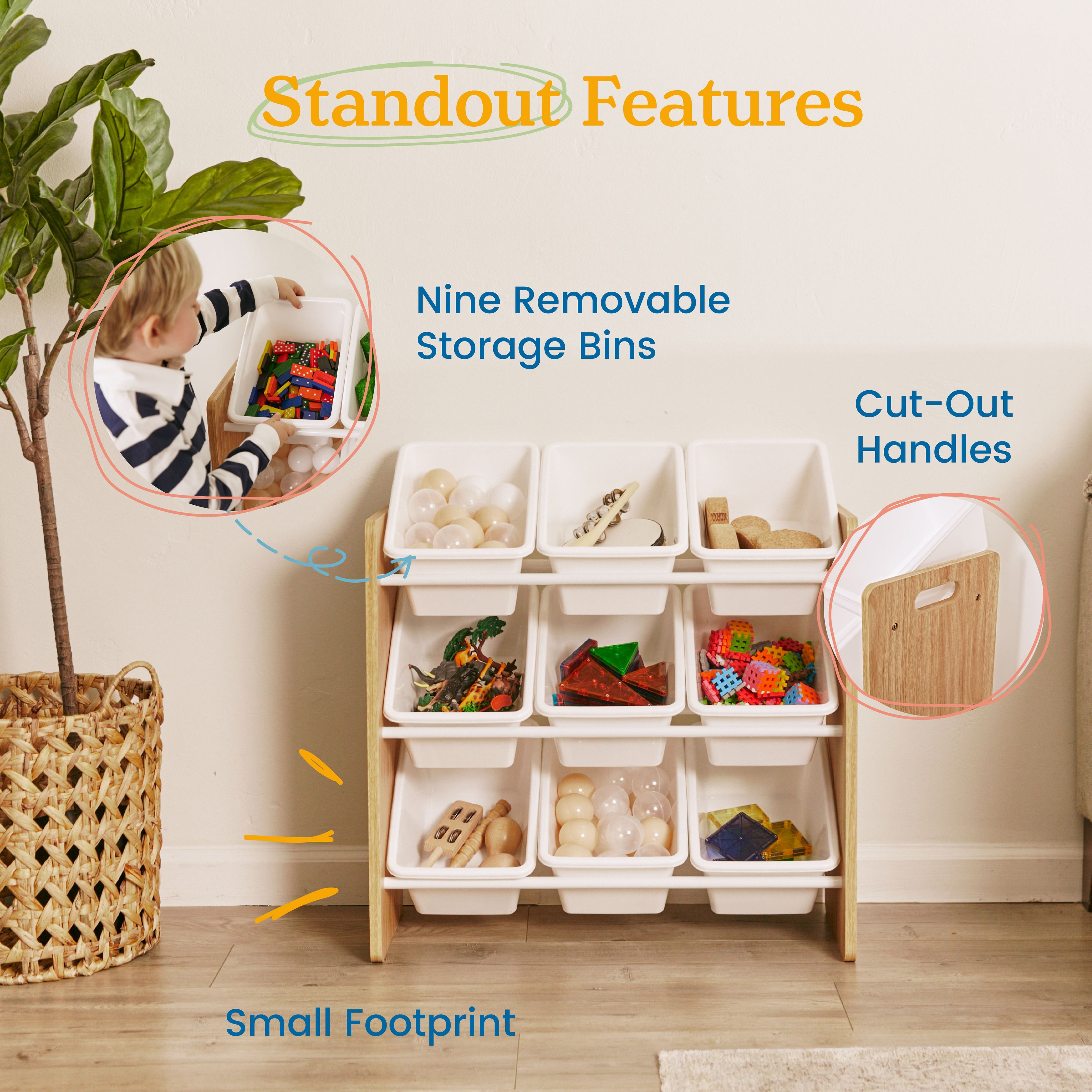 ECR4Kids 3-Tier Organizer with 9 Removable Plastic Bins, 3x3, Toy Storage, Dark Natural/White