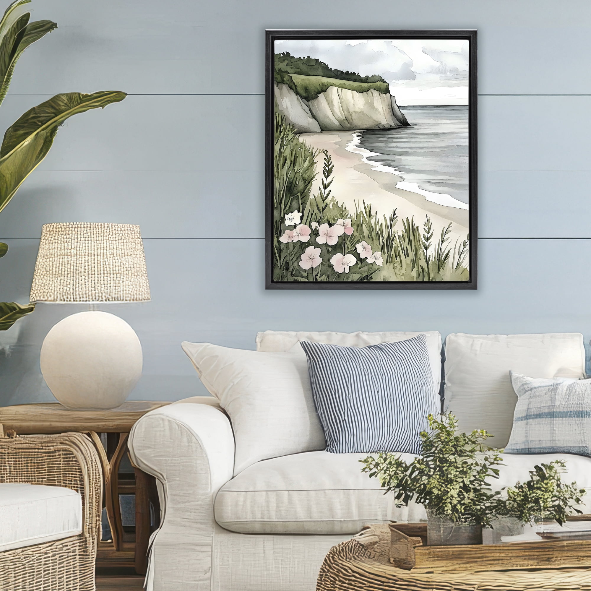 Stupell Industries Coastal Calm with Floral Blooms Black Framed Floater Canvas Wall Art, design by Riley B