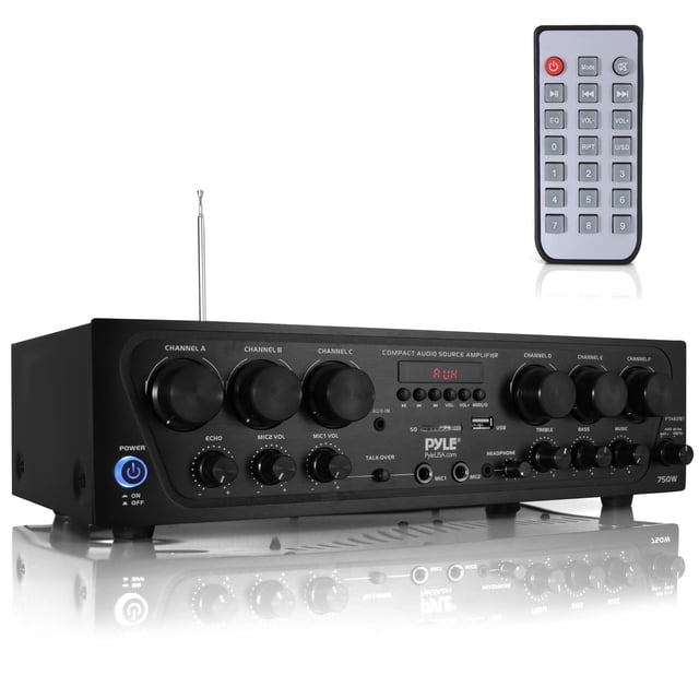 Amplificador Pyle Wireless Bluetooth Karaoke-6 canales 750 W para audio doméstico, receptor estéreo con USB, auriculares, 2 entradas de micrófono con Echo, Talkover para PA PTA62BT, AUX, negro