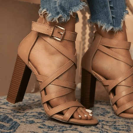 

Women‘s Cross Strap Chunky High Heels Open Toe Ankle Buckle Strap Sandals Solid Color Casual Shoes