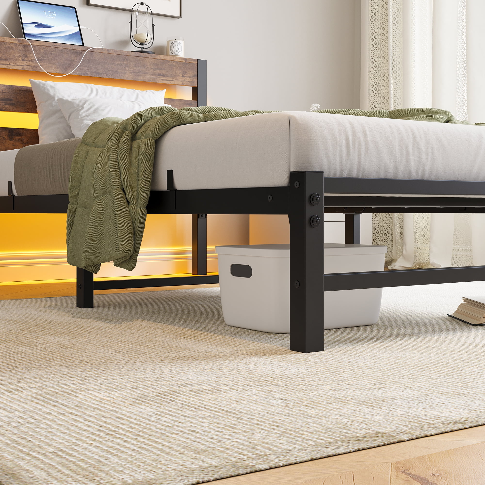 Yoneston Twin Size Bed Frame with LED Night Storage Headboard and USB Charging Station, 11" Black Duty Metal Platform Bed for Kids Childs Teens