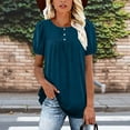 thumbnail image 2 of BLVB Plus Size Womens Summer Tops Puff Short Sleeve Crew Neck Pleated T Shirts Button Loose Dressy Casual Tunic Blouses, 2 of 5