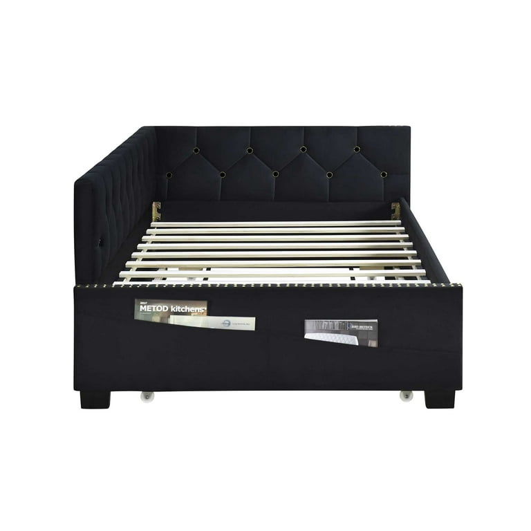 Black Upholstered Twin Size Daybed Bed Frame Corner Bed With Trundle Velvet Fabric Studding Design No Box Spring Required Fits Any Style