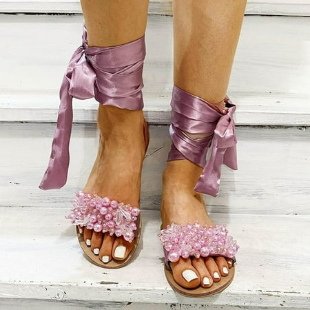 

Summer Shose 2022 Womens Flats Beaded Open Toe Comfortable Casual Beach Shoes Cross Strap Sandals J5