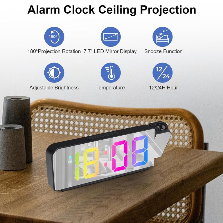 ThreeH RGB Projector Alarm Clock - 11 Color Changing LED Mirror Display, USB Charger, Dual Alarm, Snooze, 6 Brightness Levels (Black)