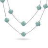 Aqua Blue Pearlized Enamel Clover Necklace Long 40" Silver Plated
