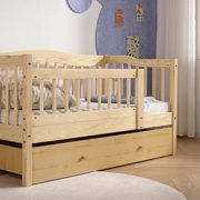 Pine Toddler Bed with Safety Side Rails & Bottom Drawer, Timeless Design for Nursery/Kids Bedroom
