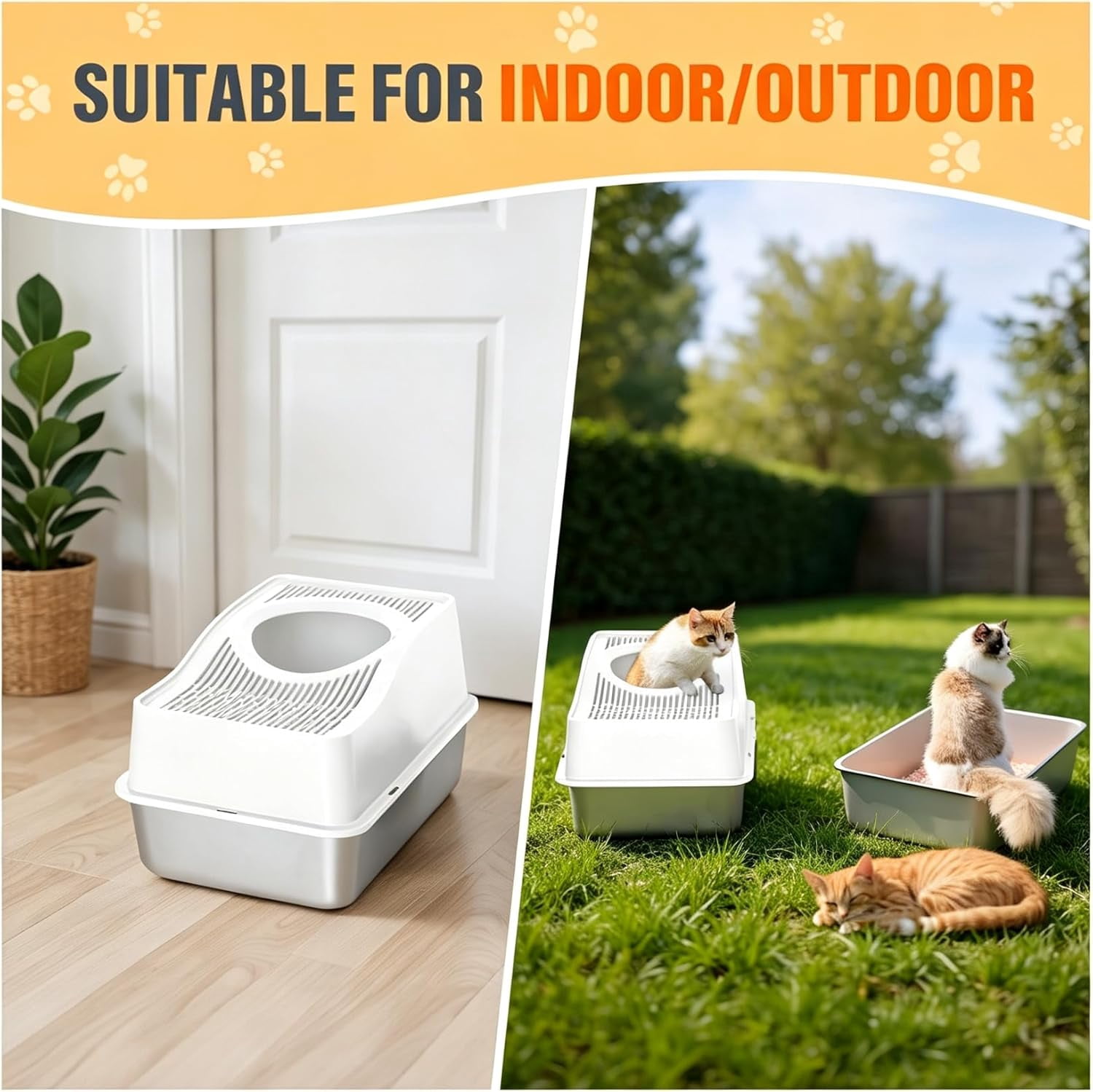 Kettnjoy Top Entry Cat Litter Box with Lid, Stainless Steel XL Enclosed Cat Kitty Litterbox, Extra Large Metal High Side Litter Pan Tray Box Enclosure Easy Cleaning Anti-Leakage, White
