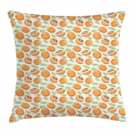 Style Apricot - Apricot Throw Pillow Cushion Cover, Watercolor Sketch Style Abstract Fruit Sections and Leaves, Decorative Square Accent Pillow Case, 18 X 18 Inches, Apricot Brown and Pistachio Green, by Ambesonne