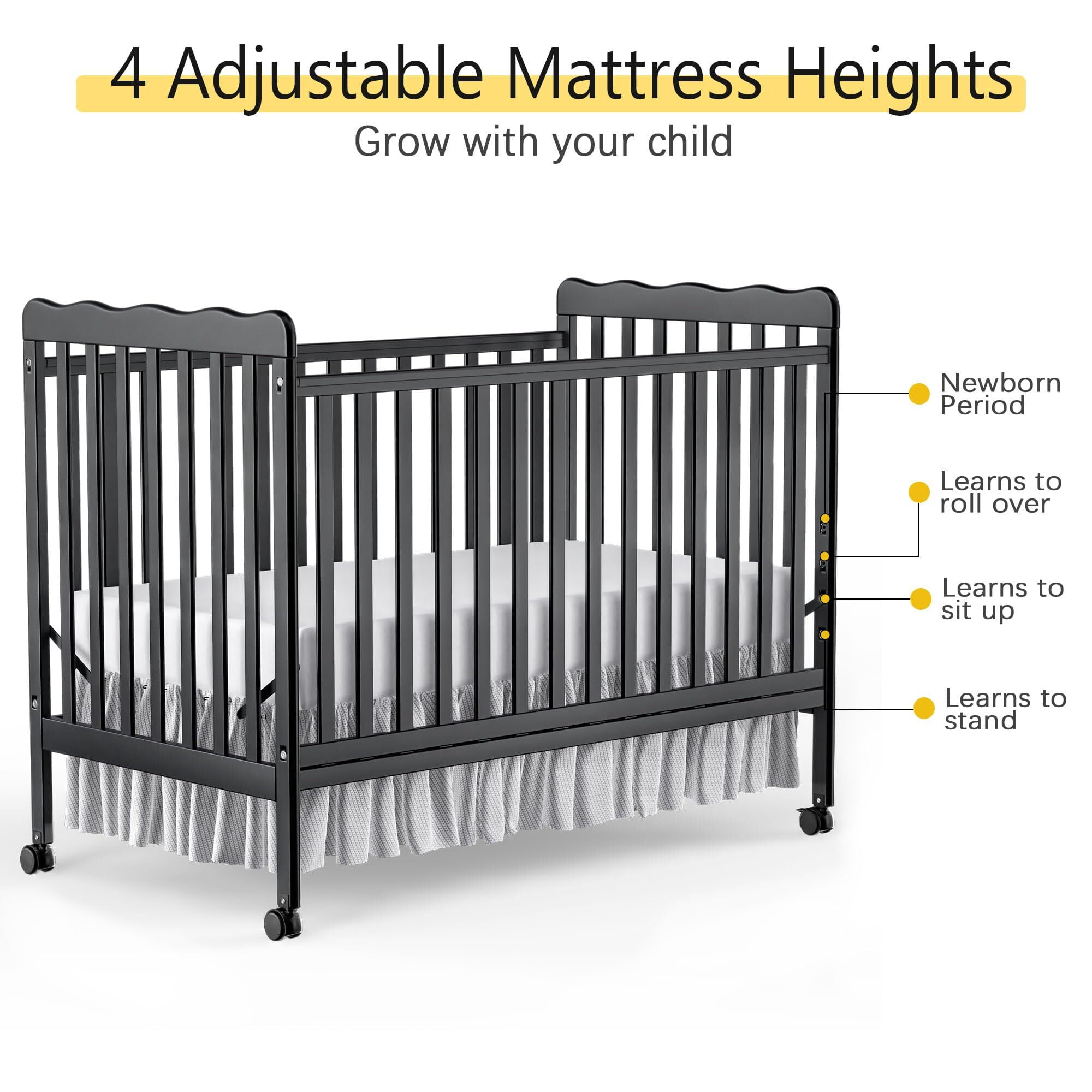 Baby Convertible Crib 3 In 1, Converts from Baby Crib to Toddler Bed, New Zealand Pinewood Baby Bed with Locking Wheels and Teething Rail, Crib with 4 Height Adjustment and Non Toxic Finish, Black