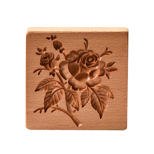 Molde para galletas de madera tallada con flores y hojas verdes, cortador de galletas de jengibre Diy, cocina práctica