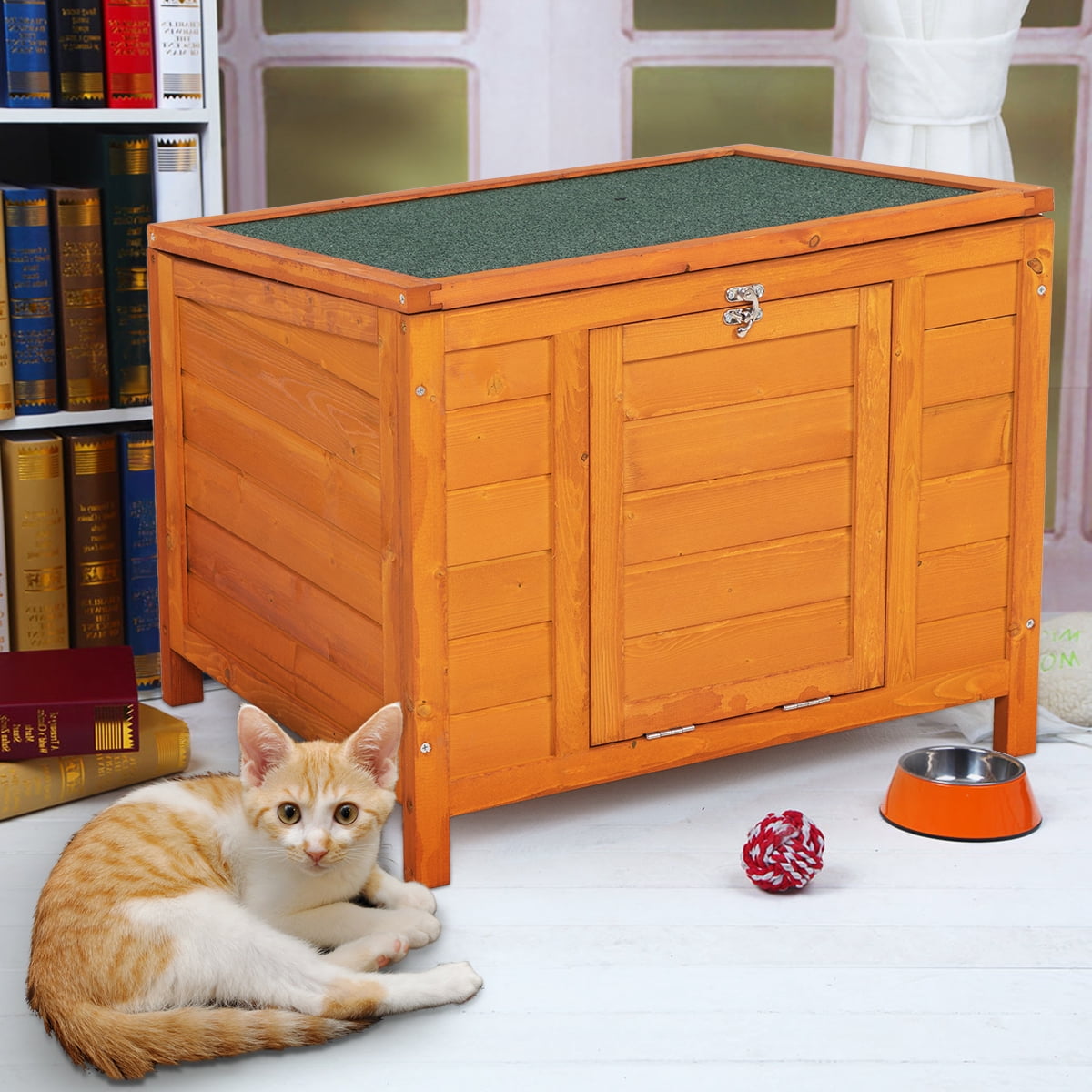 Pefilos 24" Wooden Indoor Rabbit Hutch and Kitty Shelter Condo Outdoor with Ladder Cat House, Orange