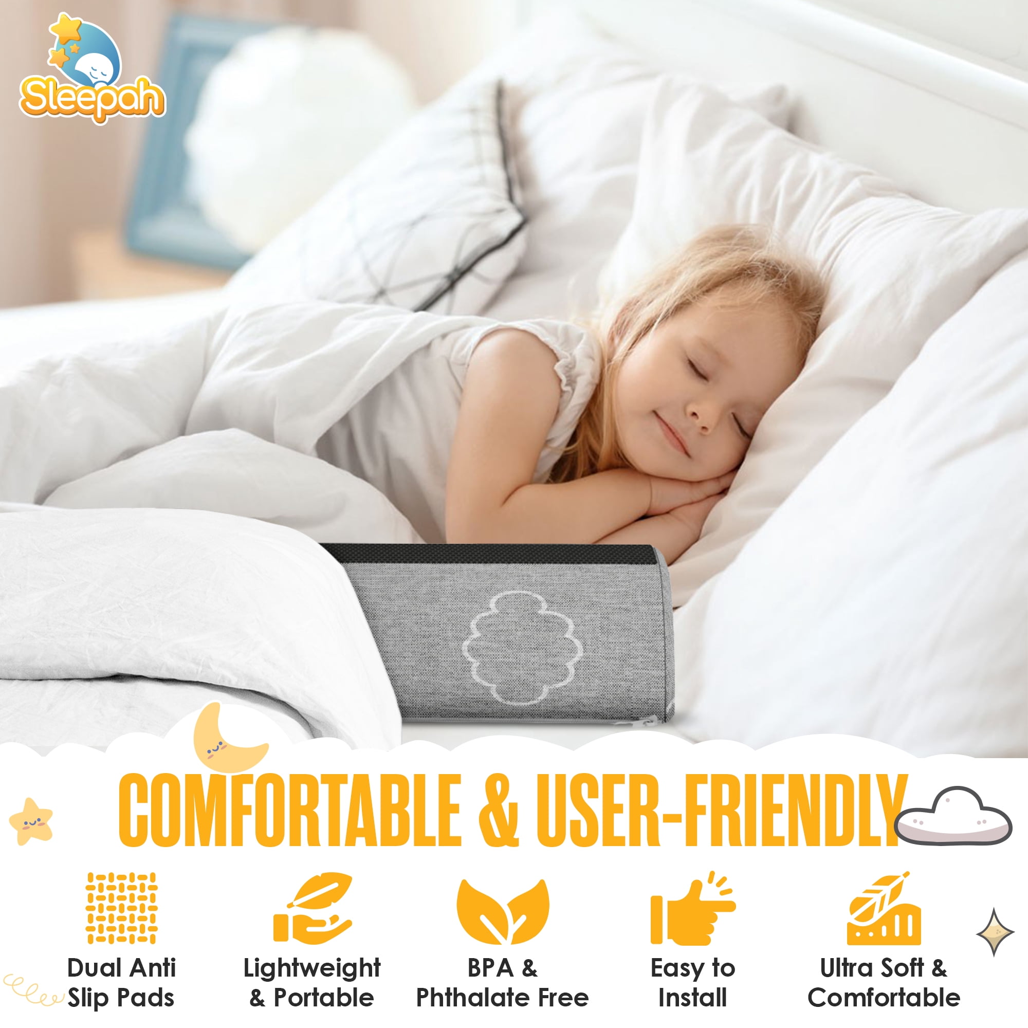 Sleepah Bed Rail for Toddlers Memory Foam Bed Bumper Guard w Dual Non-Slip Pads Waterproof Washable Removable Cover