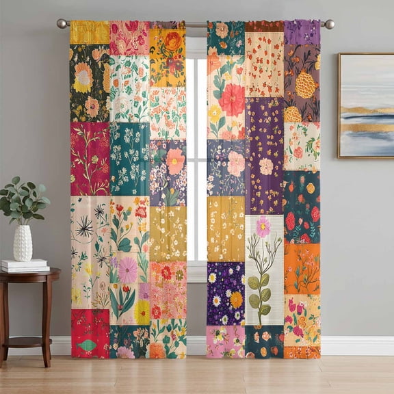 Spring Floral Sheer Curtains 108 Inch Length 2 Panels Set, Colorful Vintage Plaid Summer Botanical Voile Window Treatment Semi Sheer Long Curtains Drapes for Bedroom/Living Room/Kitchen 52"x108"x2