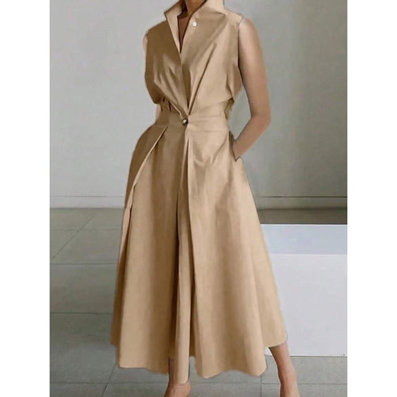 Khaki Solid Minimalist Stand Collar Sleeveless A-Line Midi Dress For Women