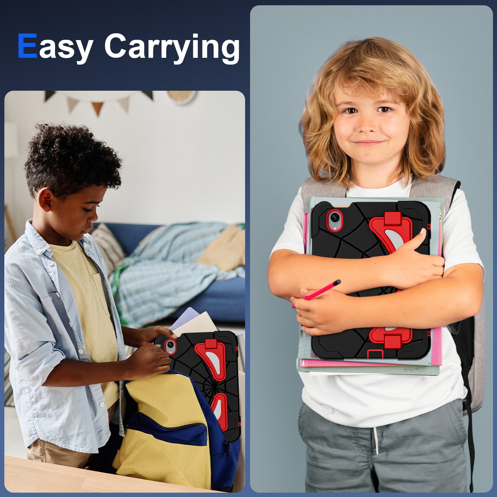 ELEHOLD Kids Friendly Case For Apple iPad mini 7th(A17 Pro) 2024/6th, Heavy Duty Shockproof Rugged Protective Case with Pencil Holder Foldable Kickstand for Boys Children Case, Black+Red