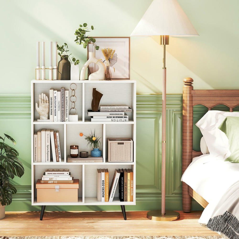 Resenkos 7-Cube Bookcase with 5 Tapered Metal Legs, White + Black