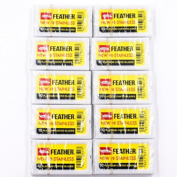 100 Ct FEATHER HI-STAINLESS DOUBLE EDGE DE RAZOR BLADES NEW HAIR REMOVE MADE IN JAPAN