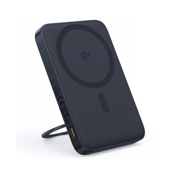 Baseus Qi2 MagSafe Power Bank, PicoGo 5000mAh Wireless Portable Charger with 360° Rotatable Ring Stand, Magnetic Power Bank for iPhone 16/15/14,Black