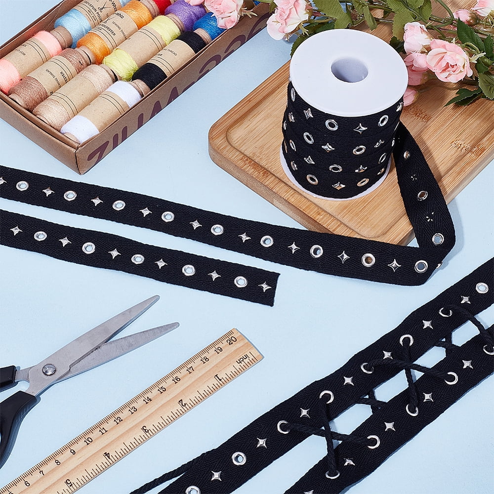 1 Set 10 Yards Cotton Curtain Tape for Hook Drapery Header Tape Flat Black 25x1.5mm Hole: 3.5mm