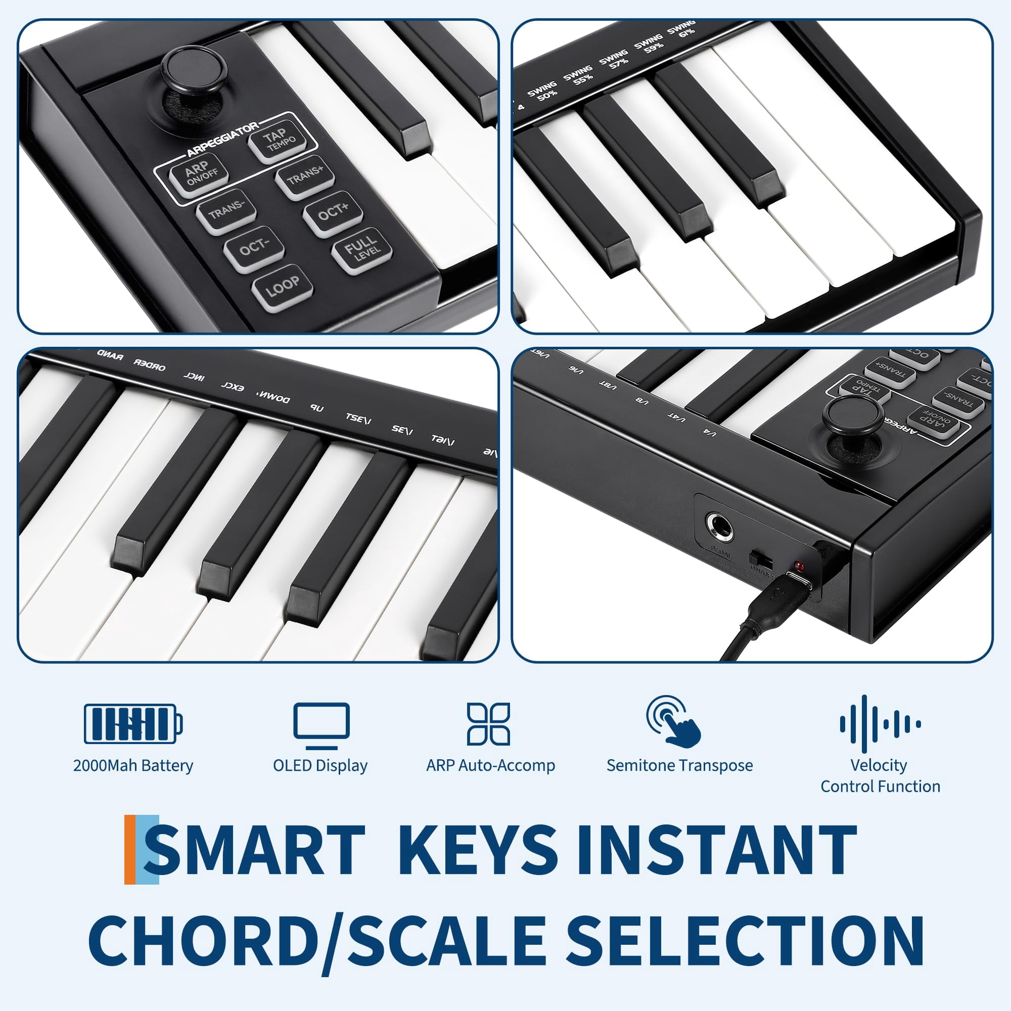 37-Key MIDI Keyboard Controller with 8 Drum Pads, OLED Display & DAW Software Integration for Music Production (Black)