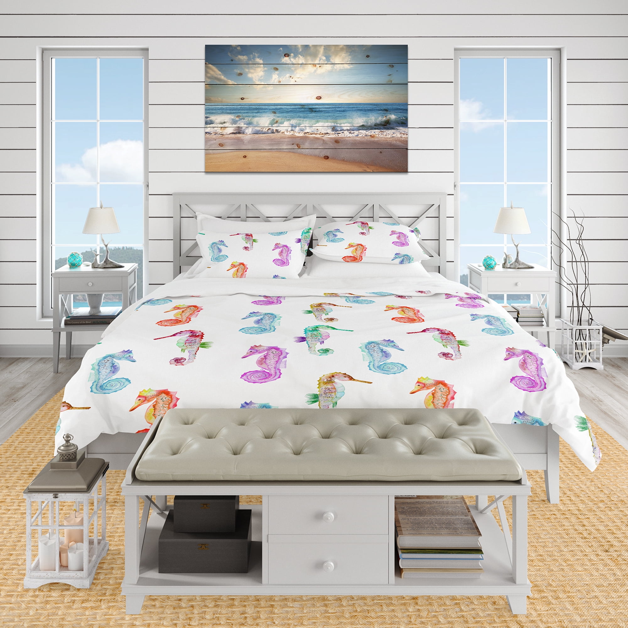 Designart 'Pattern with Multicolored Seahorses' Nautical & Coastal Duvet Cover Set