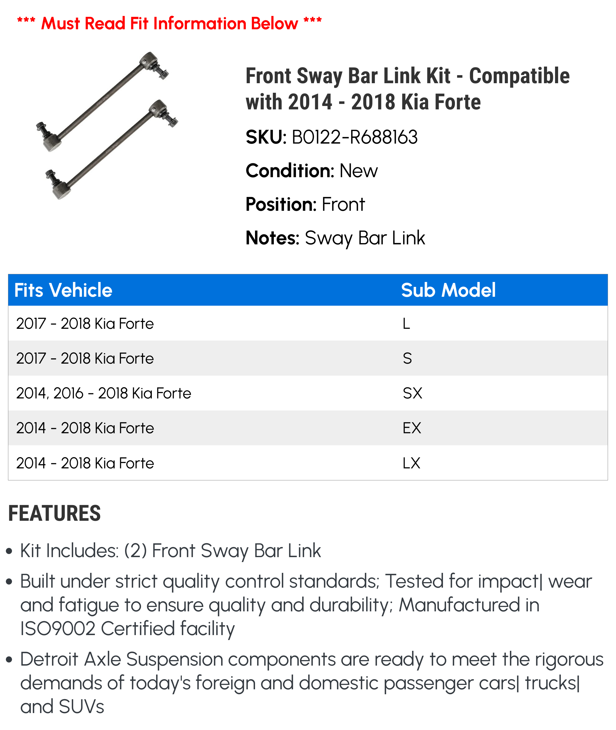 Front Sway Bar Link Kit - Compatible with 2014 - 2018 Kia Forte 2015 2016 2017