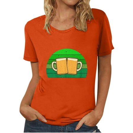 

HTNBO Casual Summer T Shirts for Women Crewneck Short Sleeve Print Tops Corset Tops Orange L