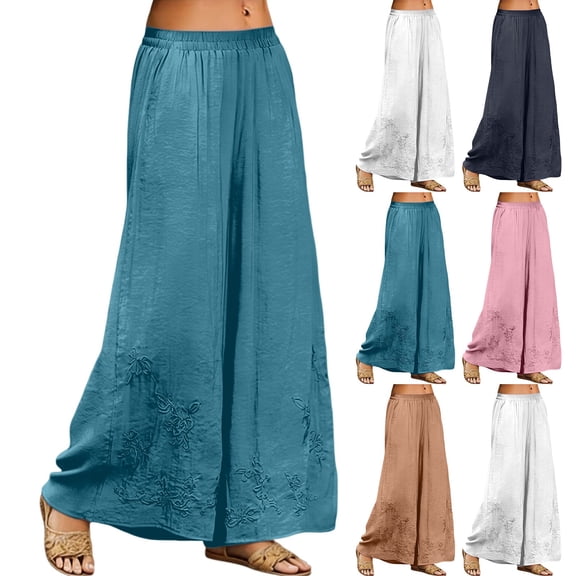Delayuji Women's Linen Pant Embroidered Summer Loose Elastic Waist Casual Baggy Pants Wide Leg Pants Plus Size M-4XL