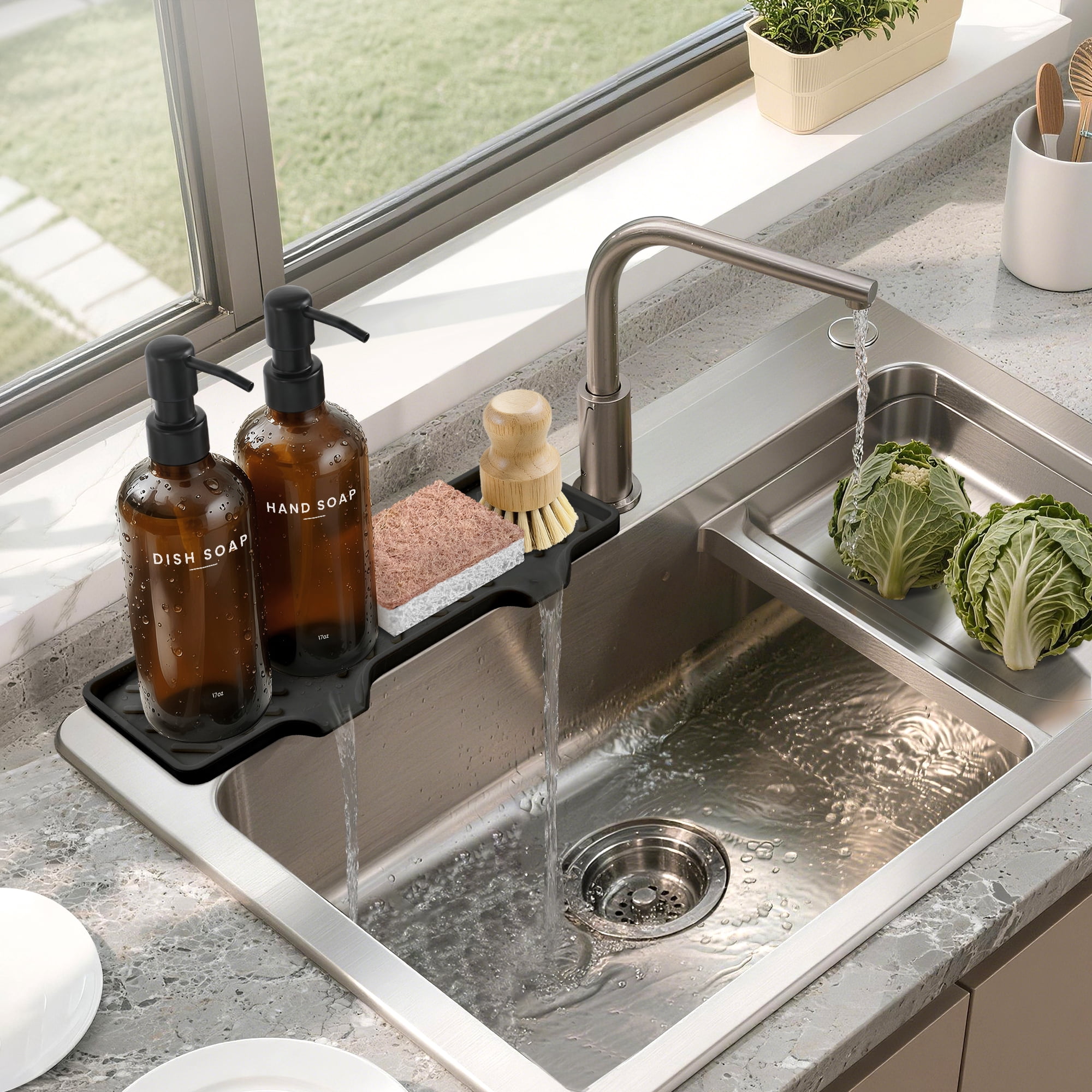Kitchen Soap Dispenser Set - 17fl oz Glass Bottle, Stainless Steel Pump, Instant Dry Tray and Dish Brush for Bathroom, Office, Hotel, Modern Kitchen Decor & Accessories, Brown