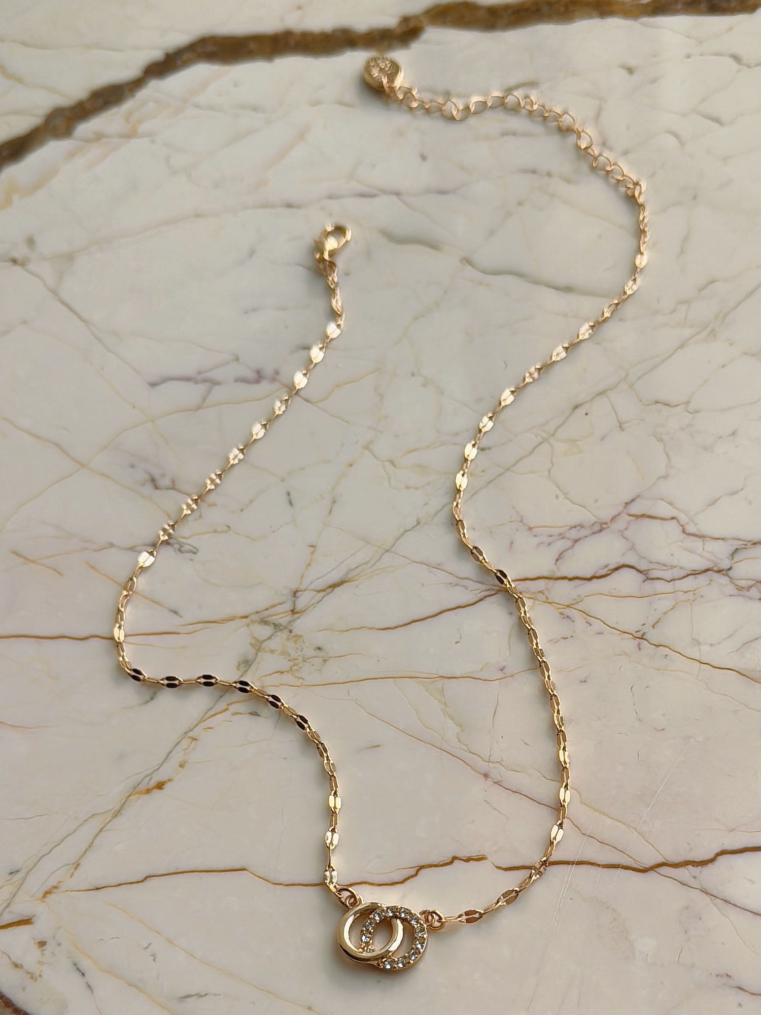 Time and Tru Interlocking Circles with Stones Earrings and Necklace 2 Piece Set Gold Plated for Female Adults and Teens