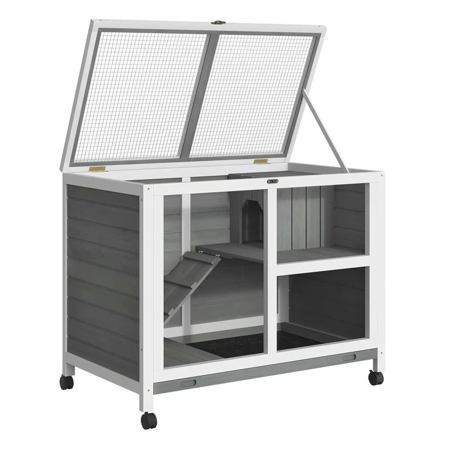Kadyn 36" Indoor Wooden Rabbit Hutch with Openable Roof, Removable Tray and Wheels, Outdoor Bunny Cage for Bunnies, Guinea Pigs, Gray